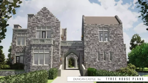 Front of house at bridge and entry gate. Duncan Castle by Tyree House Plans.
