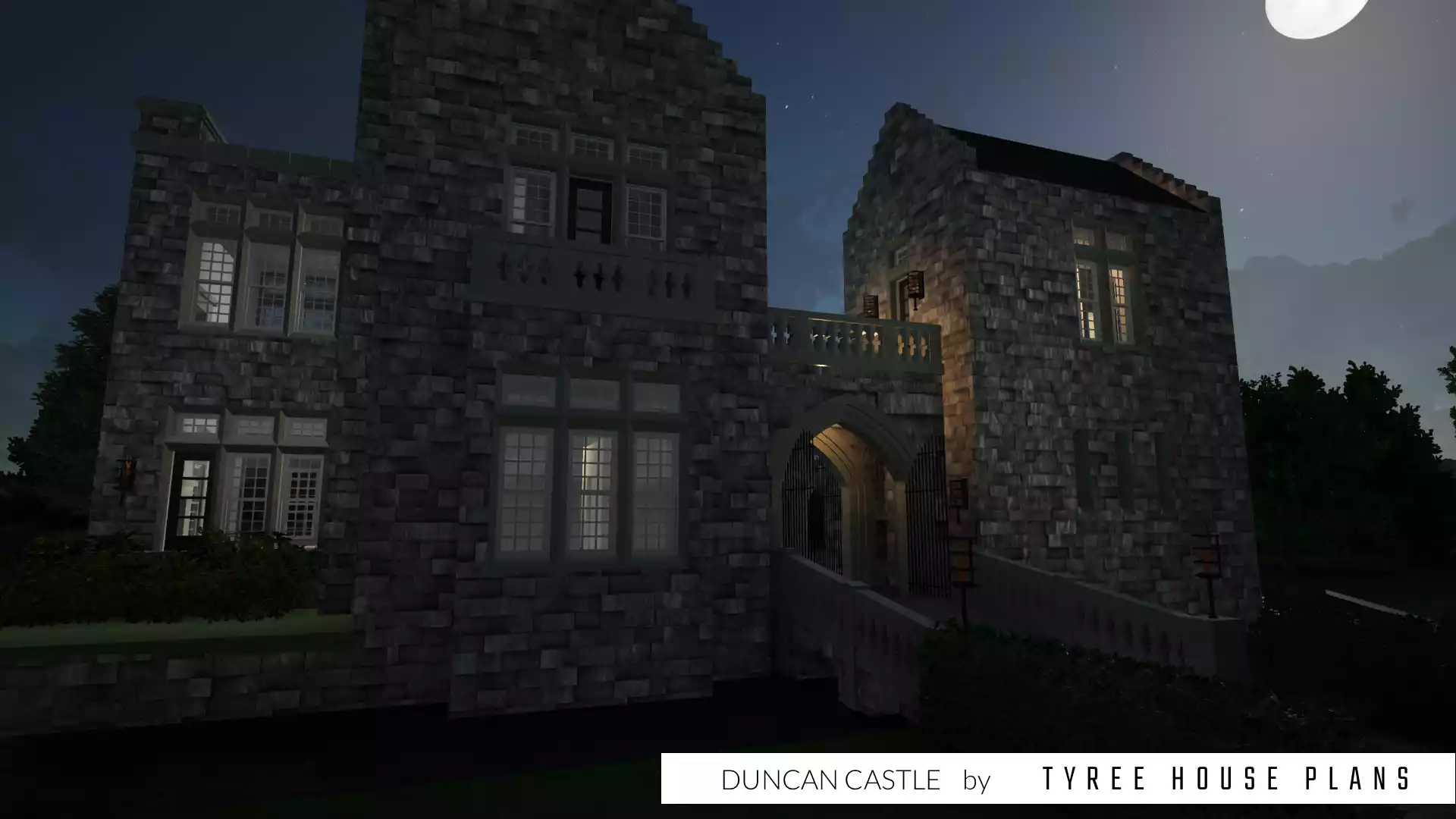Front of house at night. Duncan Castle by Tyree House Plans.