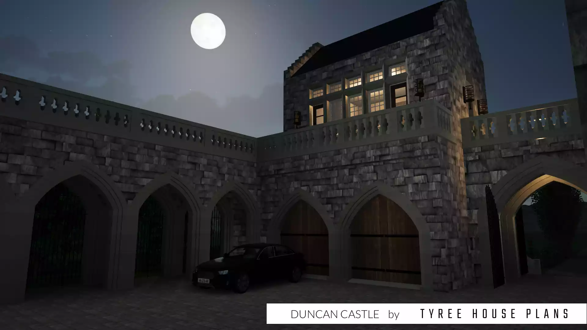 Motor court at night. Duncan Castle by Tyree House Plans.
