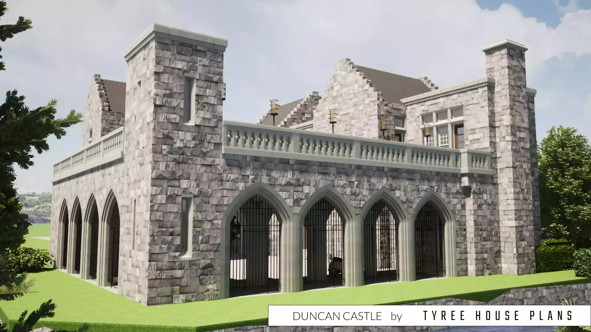 Colonnade at two sides of the motor court. Duncan Castle by Tyree House Plans.