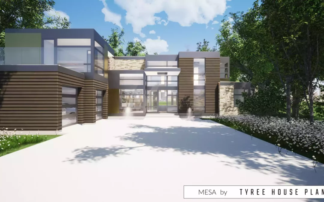 Mesa. Entrance Reflecting Pool With Four Bed Modern House Plan.