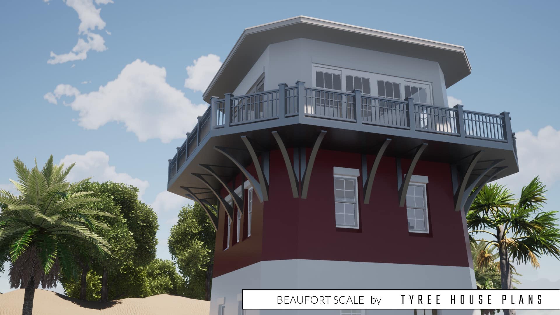Up close view of the balcony. Beaufort Scale by Tyree House Plans.