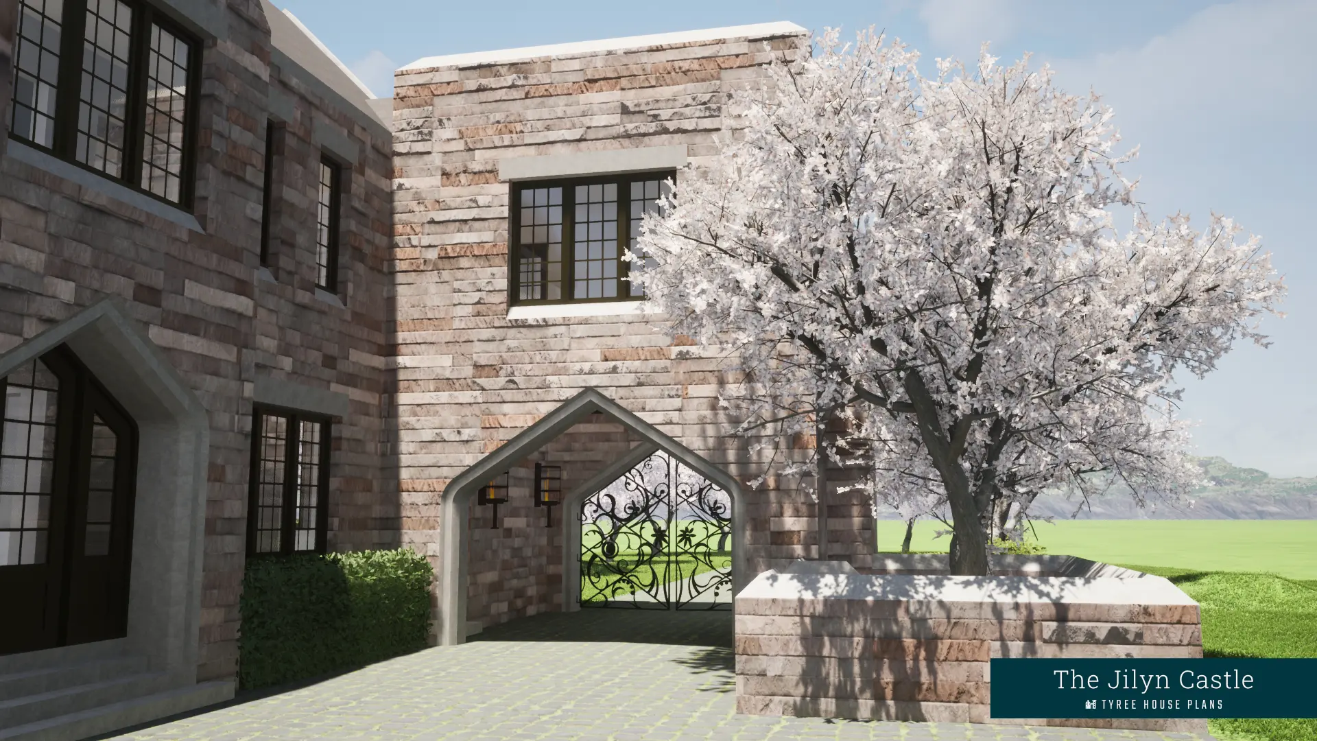 Inside motor court, looking toward the front of the house. Jilyn Castle by Tyree House Plans.