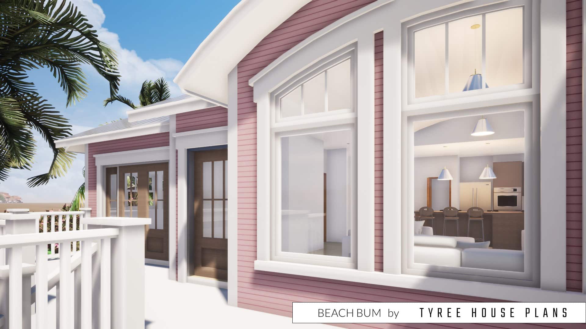 Curving windows, roof and ceiling in living. Beach Bum by Tyree House Plans.