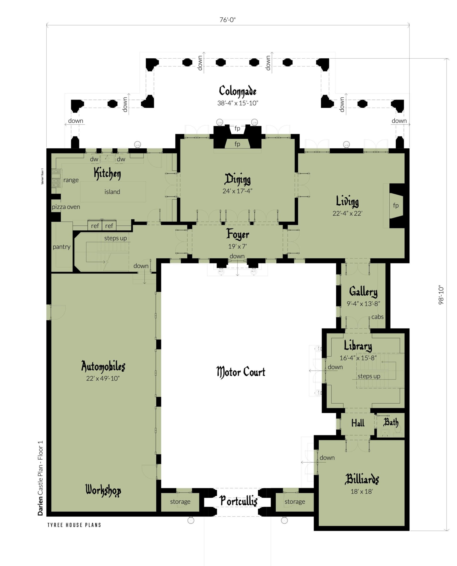 Floor 1. Darien Castle by Tyree House Plans.