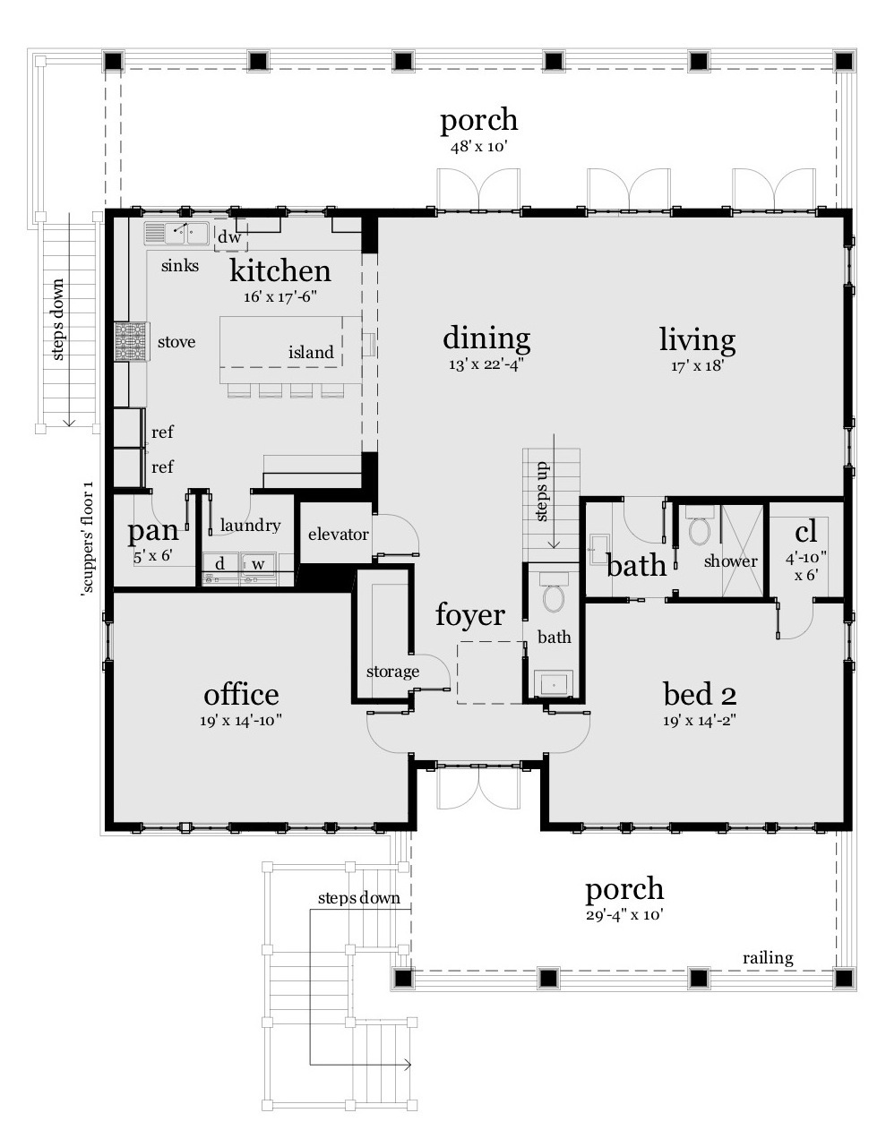Floor 1. Scuppers by Tyree House Plans.
