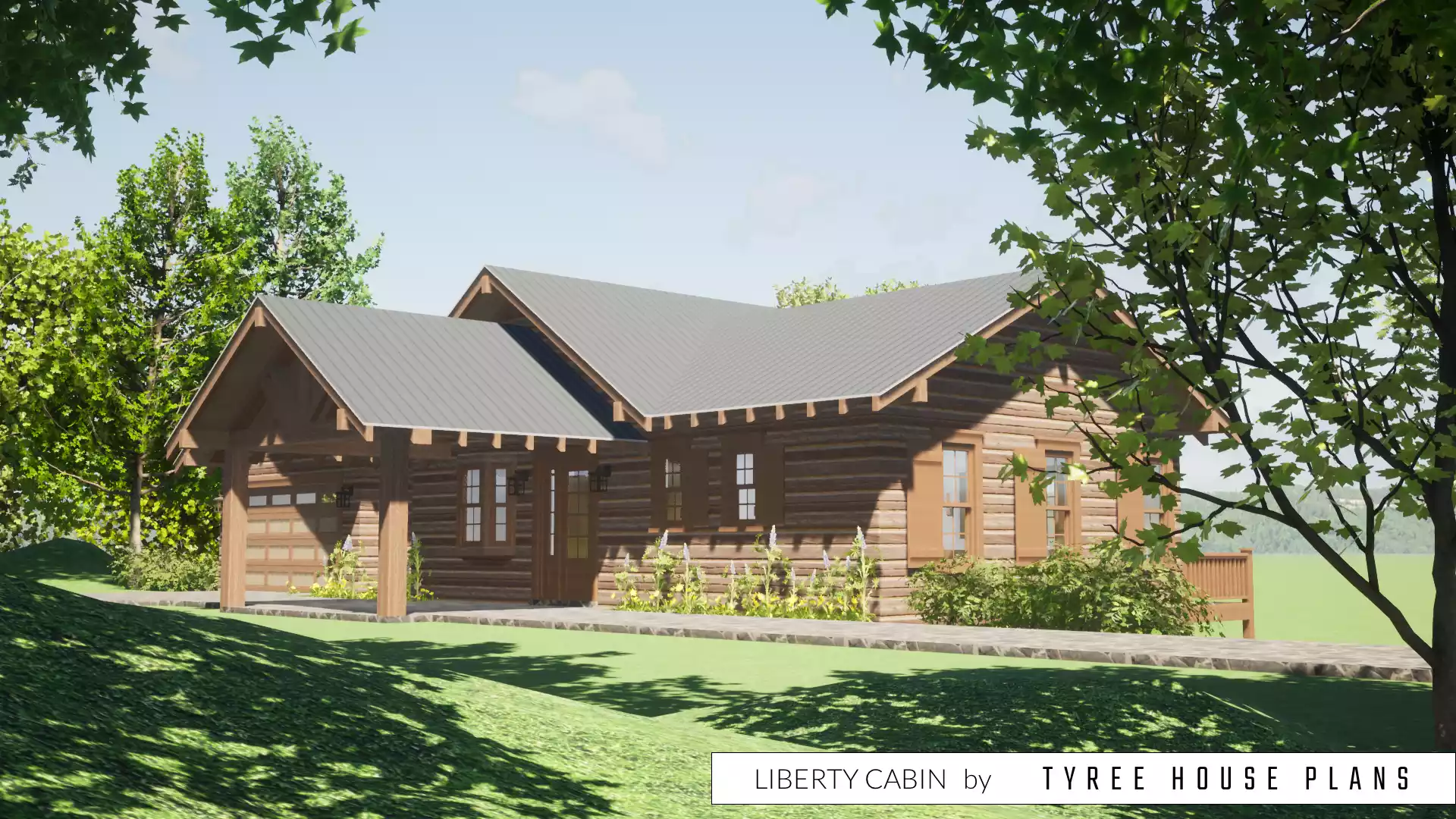 Covered drive at the front of the house. Liberty Cabin by Tyree House Plans.