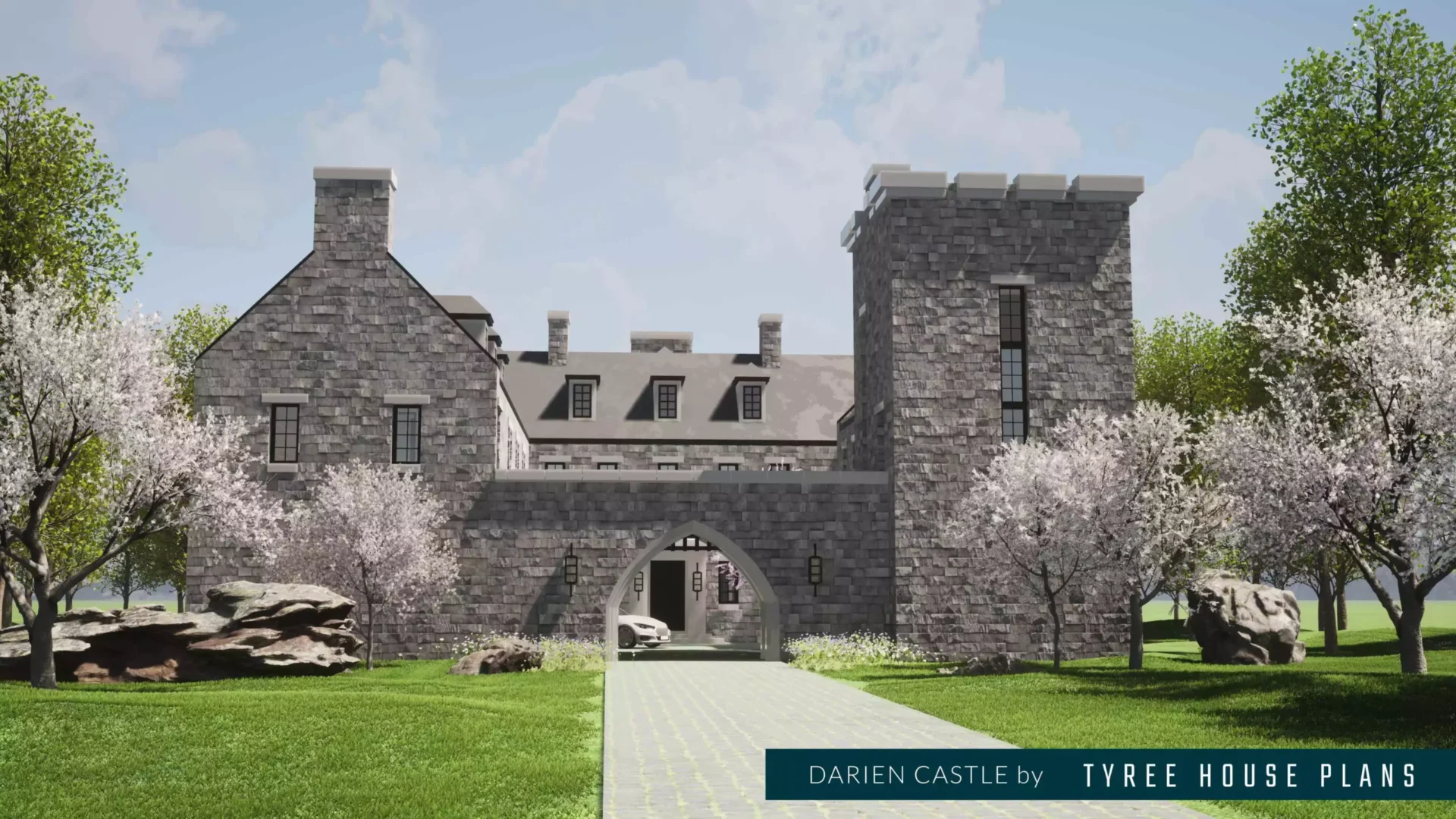 Front view. Darien Castle by Tyree House Plans.