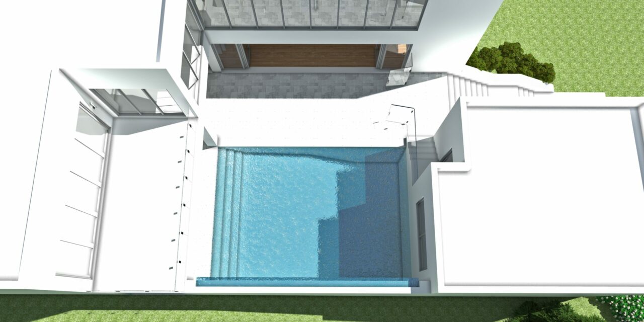 Limestone. Large Modern with Waterfall Wall by Tyree House Plans.