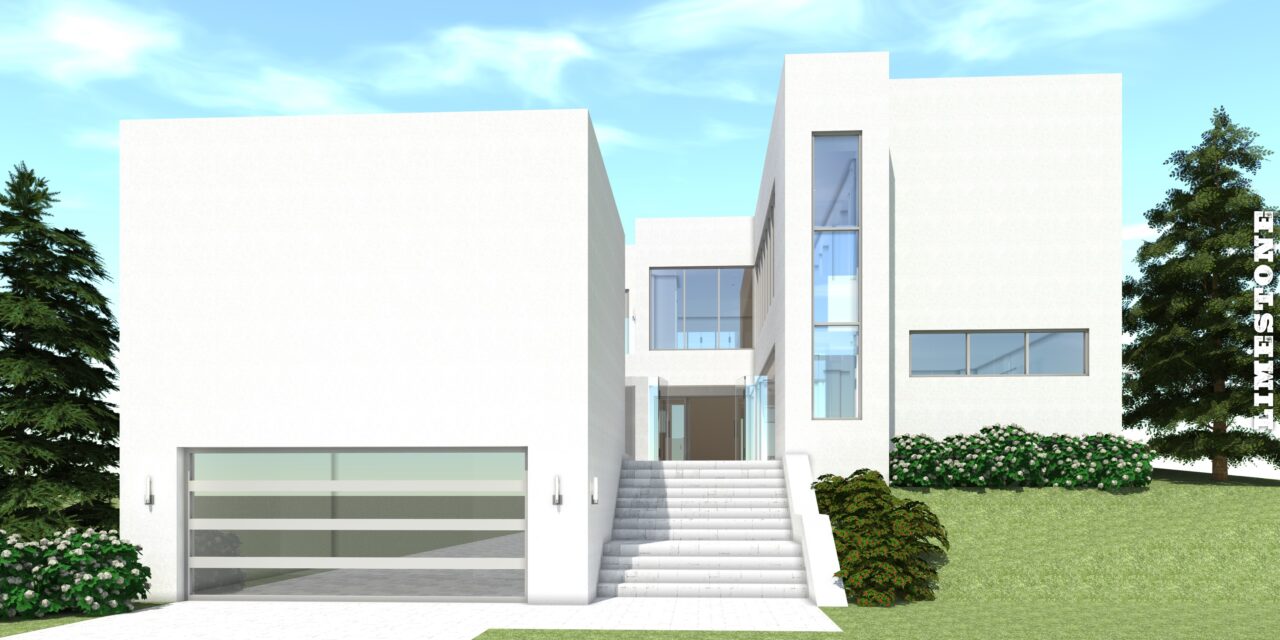 Limestone. Large Modern with Waterfall Wall by Tyree House Plans.