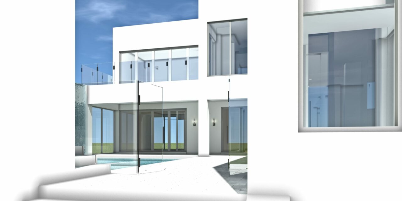 Limestone. Large Modern with Waterfall Wall by Tyree House Plans.