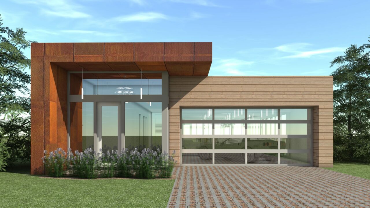 Front view with glass garage door to turntable garage. Lodge by Tyree House Plans.