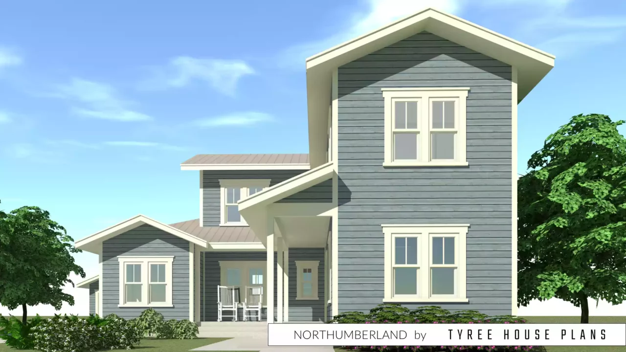 Front with L shaped porch. Northumberland by Tyree House Plans.