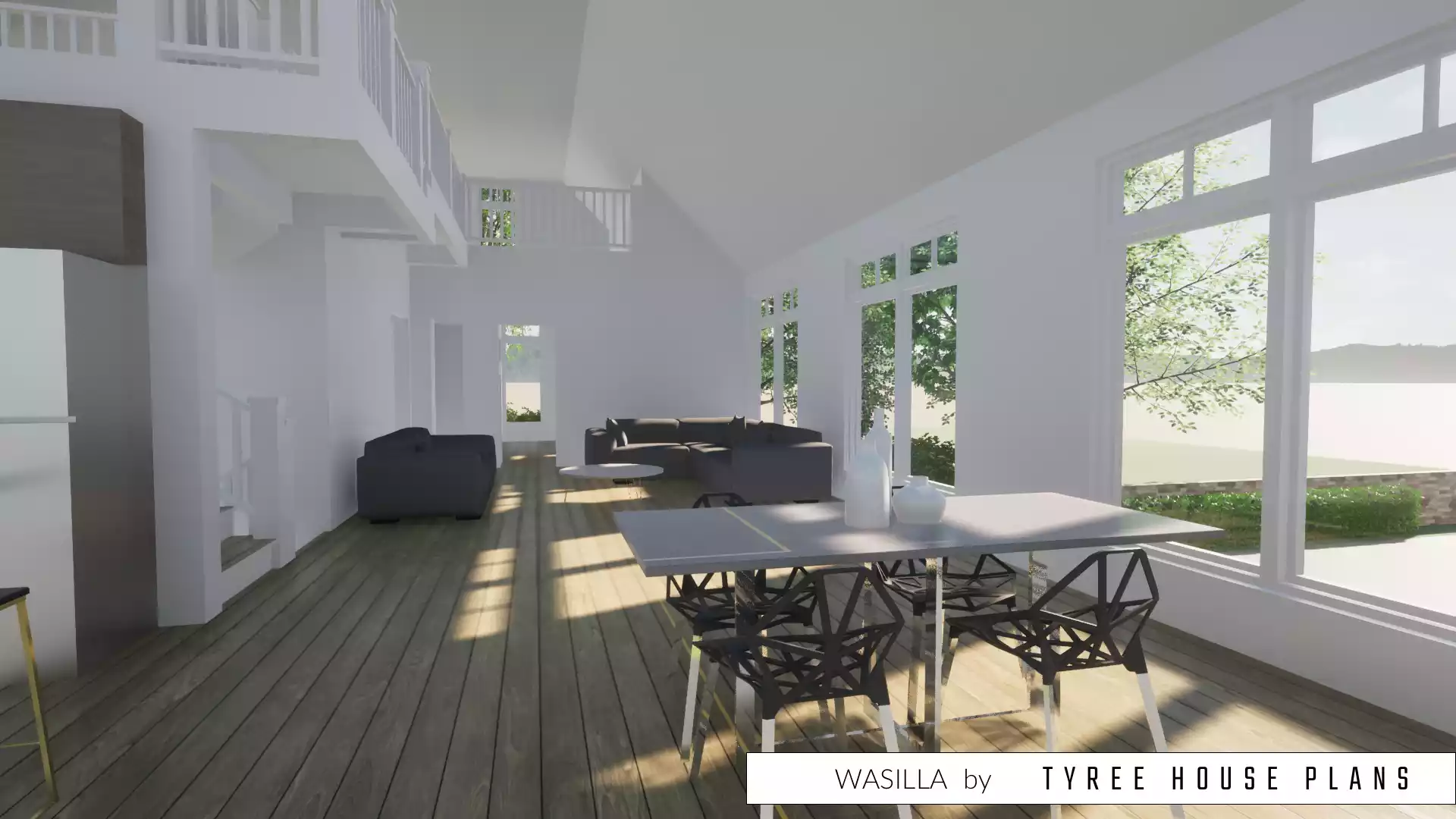 Interior with loft above. Wasilla by Tyree House Plans.