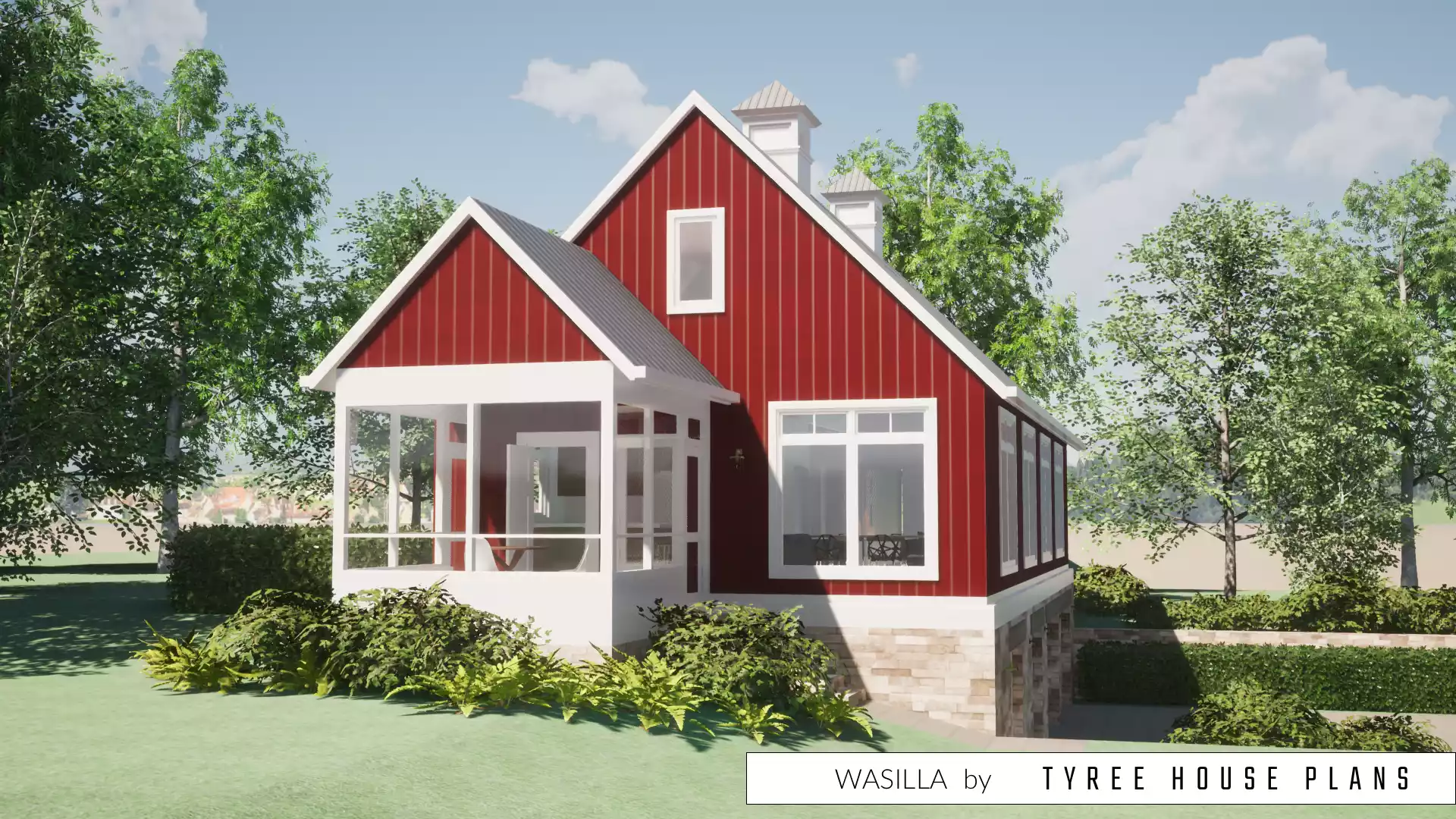 Left side, showing second floor screened porch. Wasilla by Tyree House Plans.