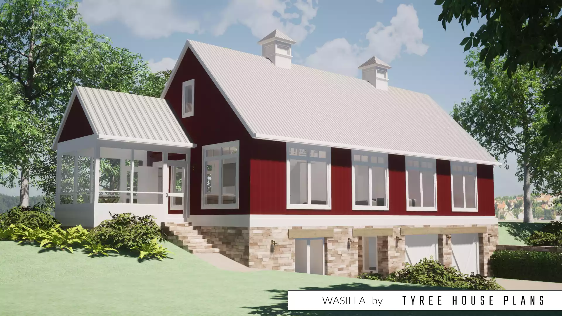 Front left view with steps up to second floor porch. Wasilla by Tyree House Plans.