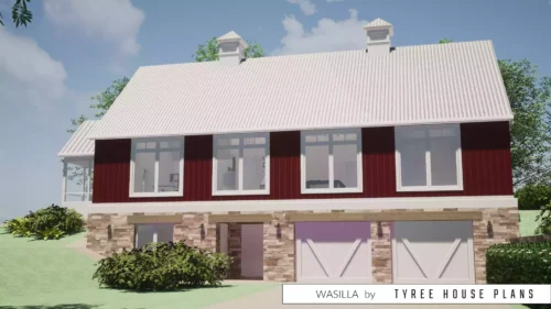Front of barn house. Wasilla by Tyree House Plans.