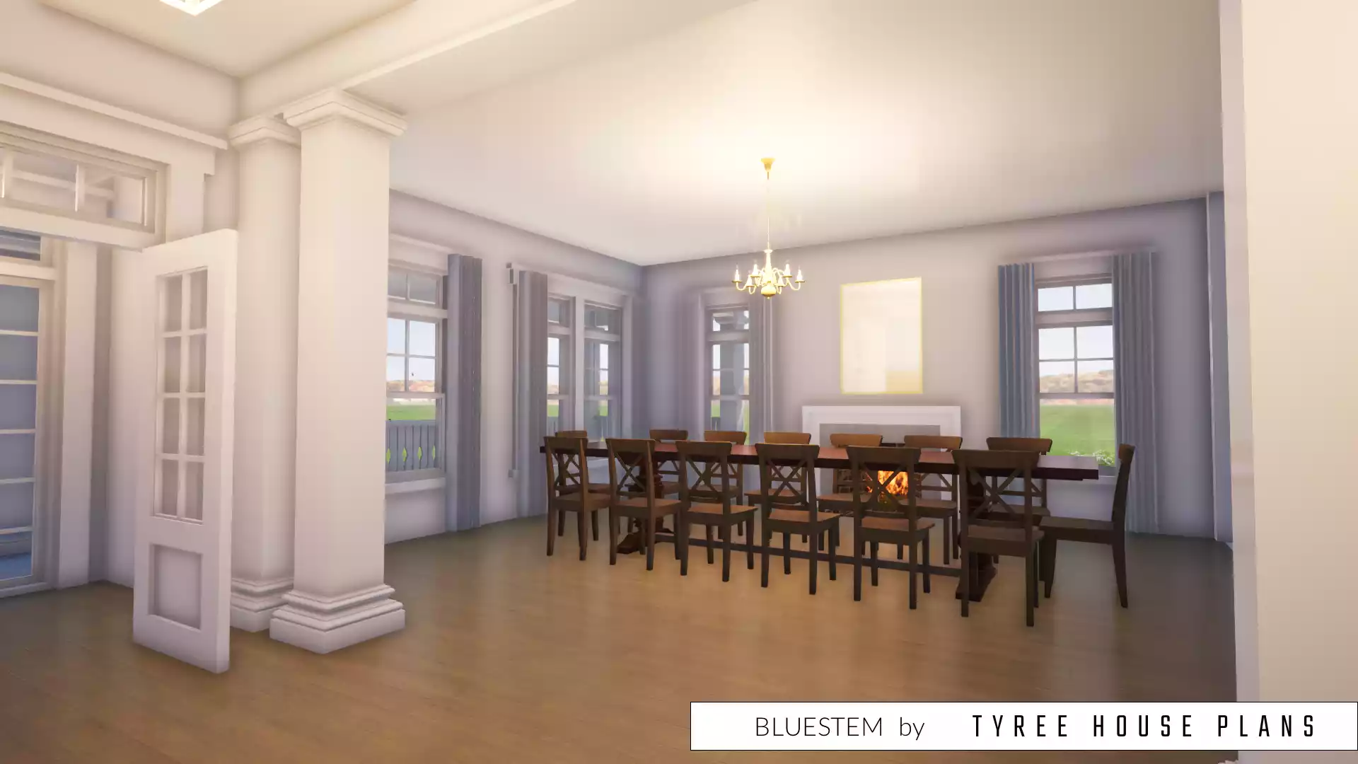 Formal dining room with fireplace. Bluestem by Tyree House Plans.