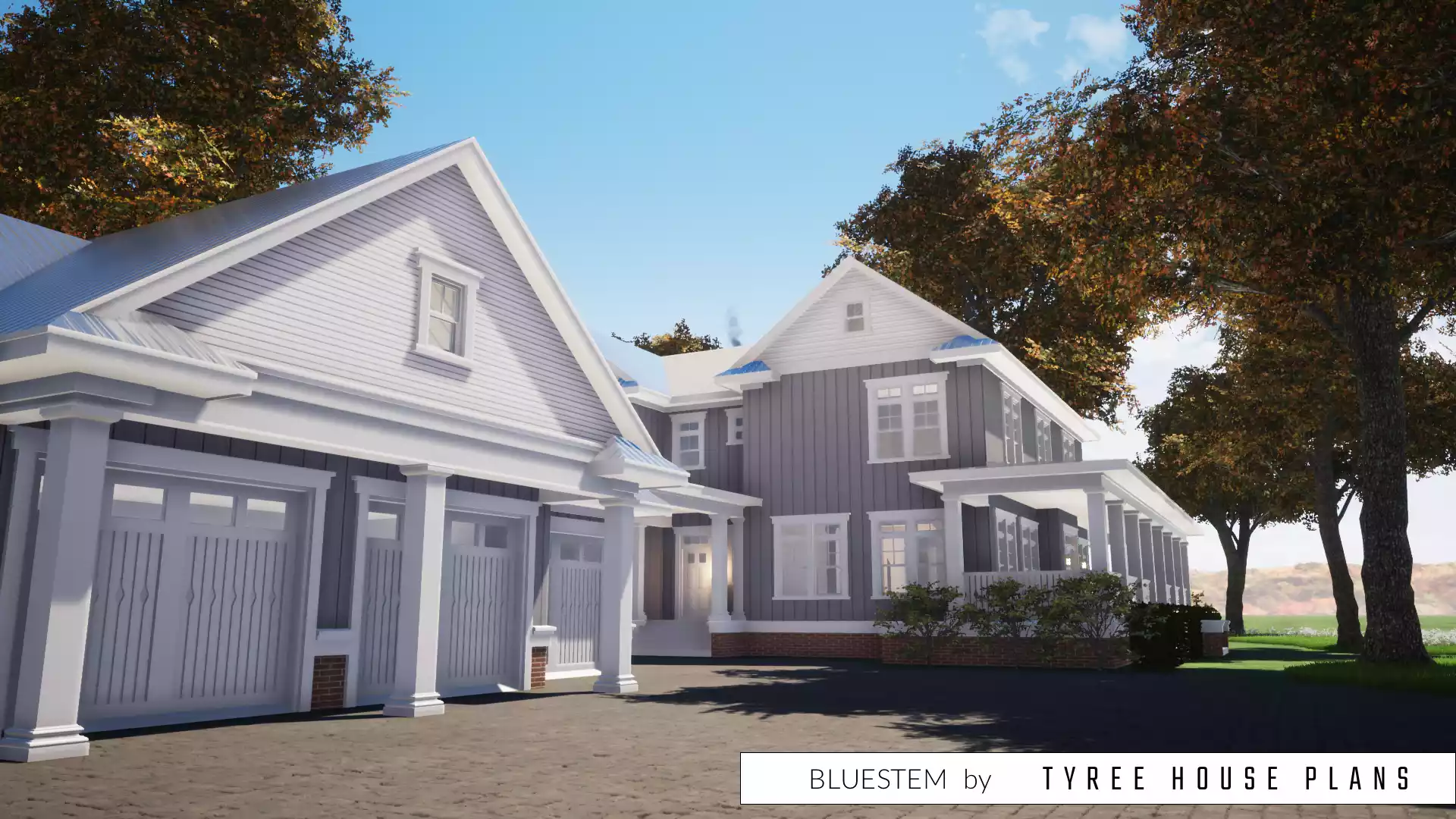 Garage with house beyond. Bluestem by Tyree House Plans.