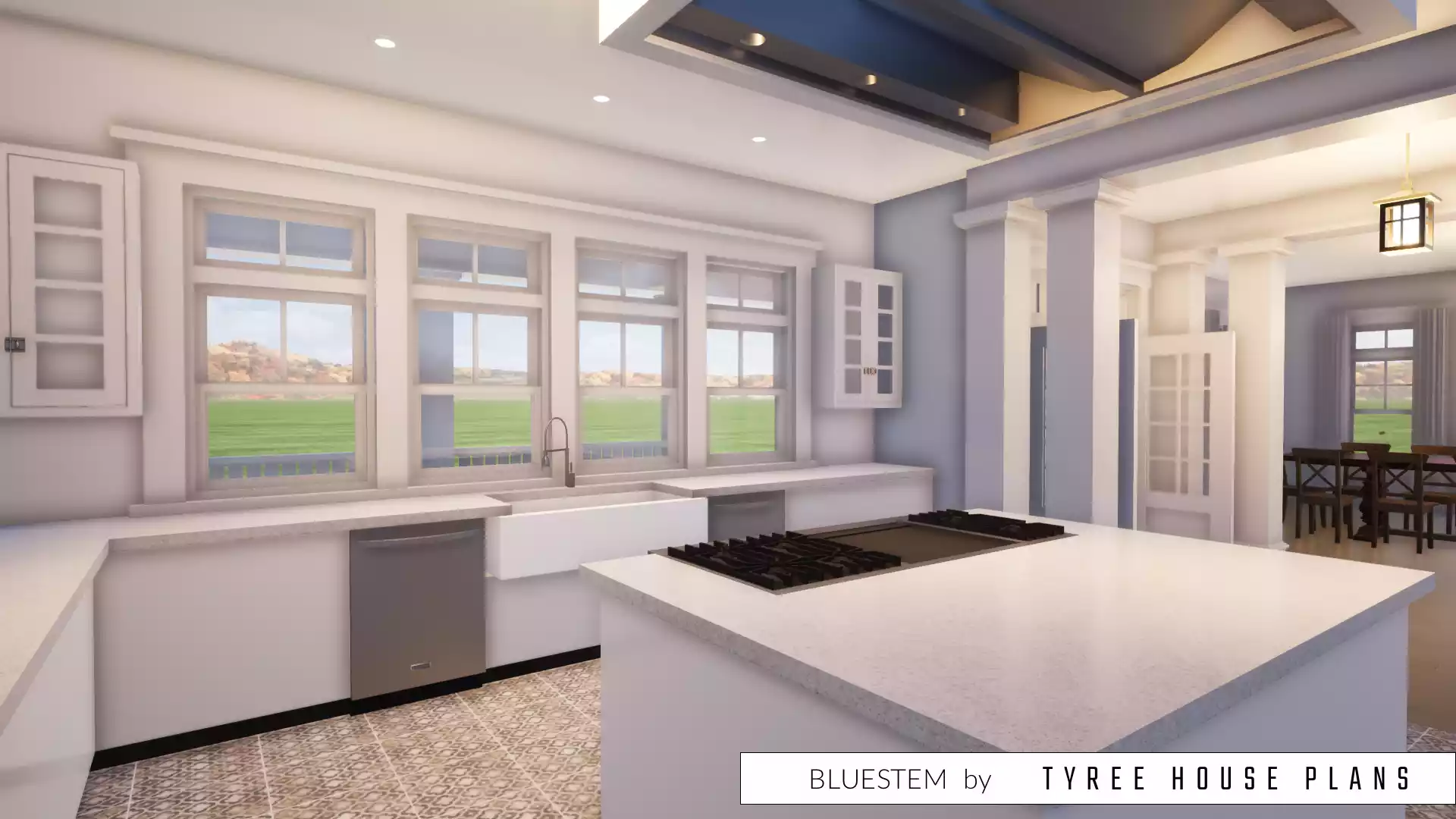 Kitchen with large cooking island. Bluestem by Tyree House Plans.