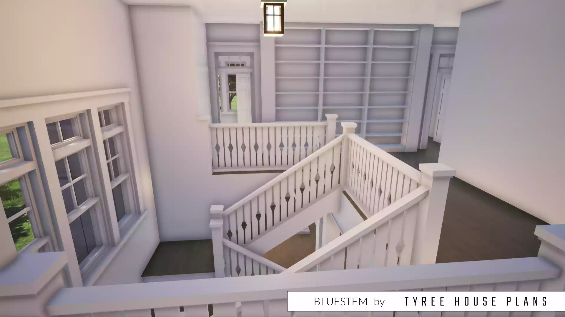 Stairwell with decorative railing and built-in bookshelves. Bluestem by Tyree House Plans.