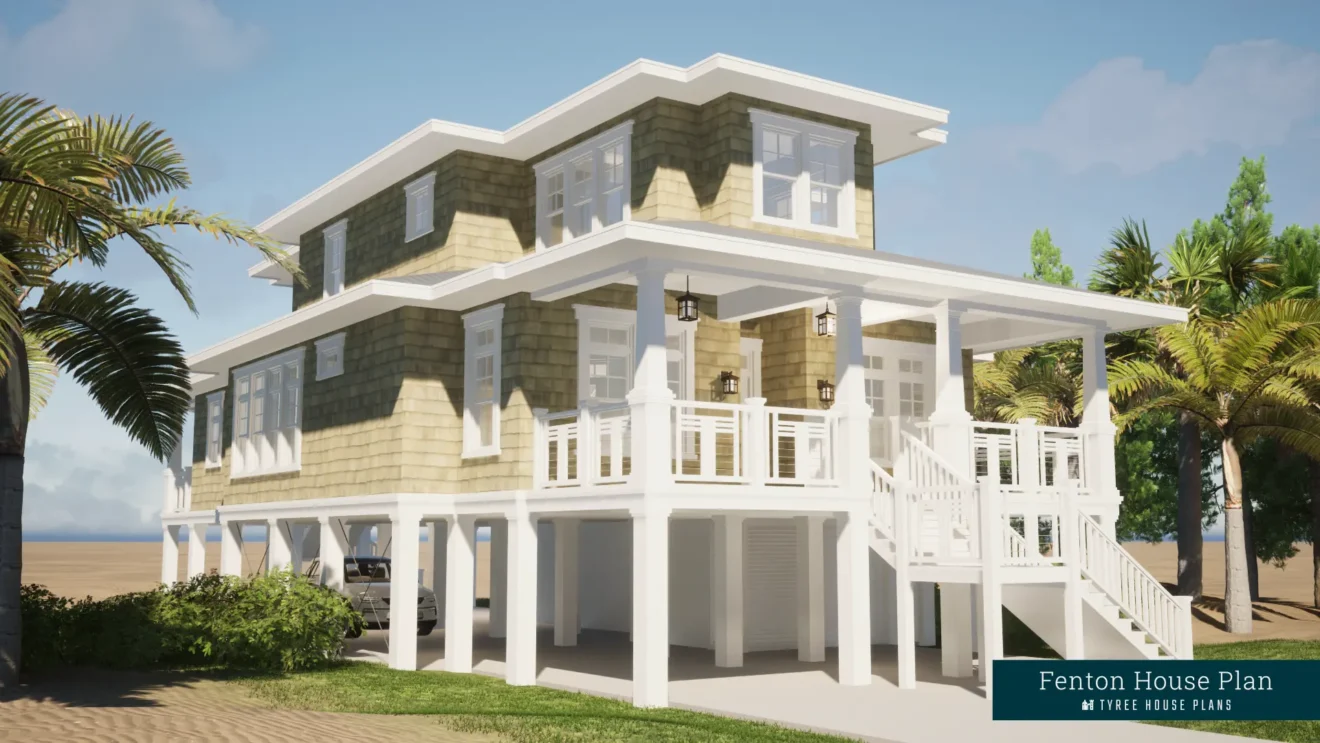 Front left view with parking below house - Fenton by Tyree House Plans