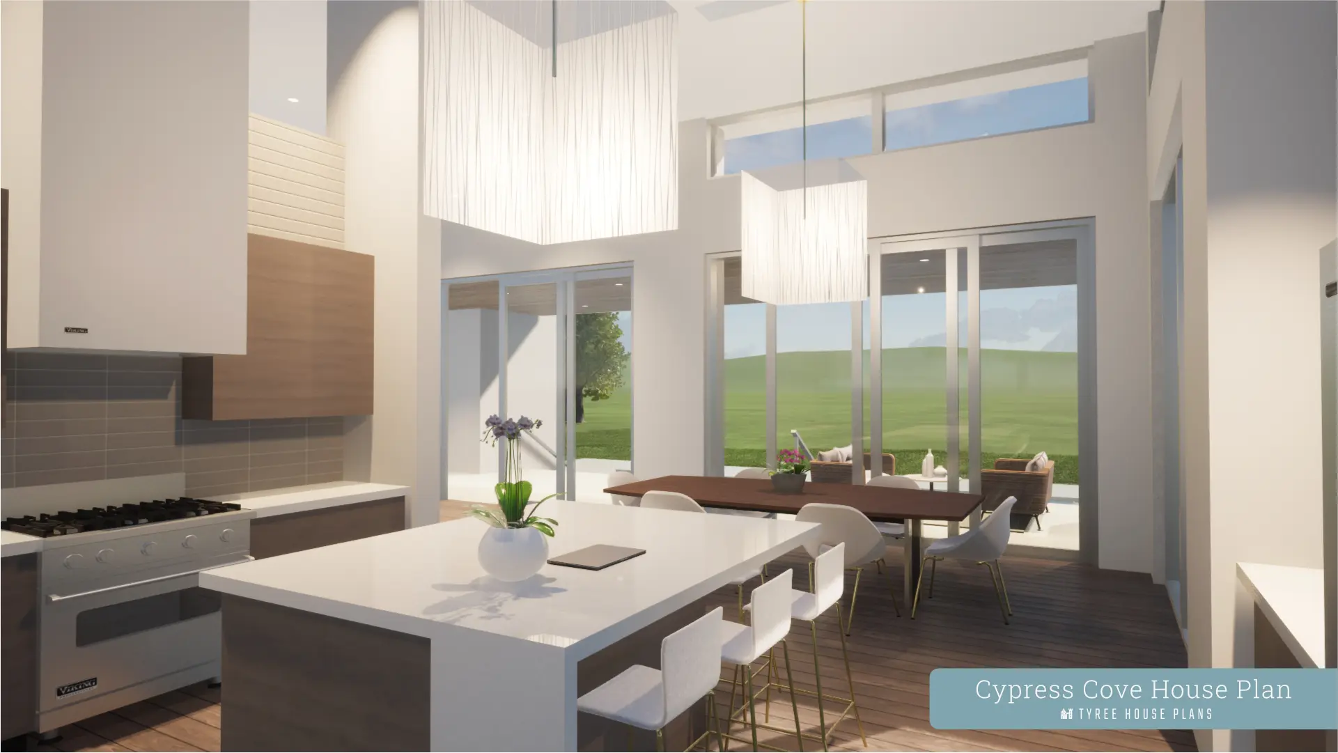 Kitchen with dining beyond. Cypress Cove by Tyree House Plans.