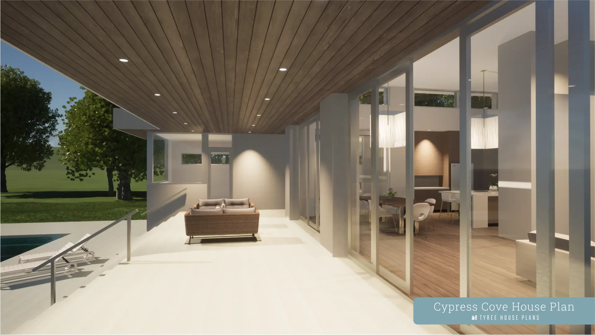 Terrace with sliding doors to dining and living. Cypress Cove by Tyree House Plans.