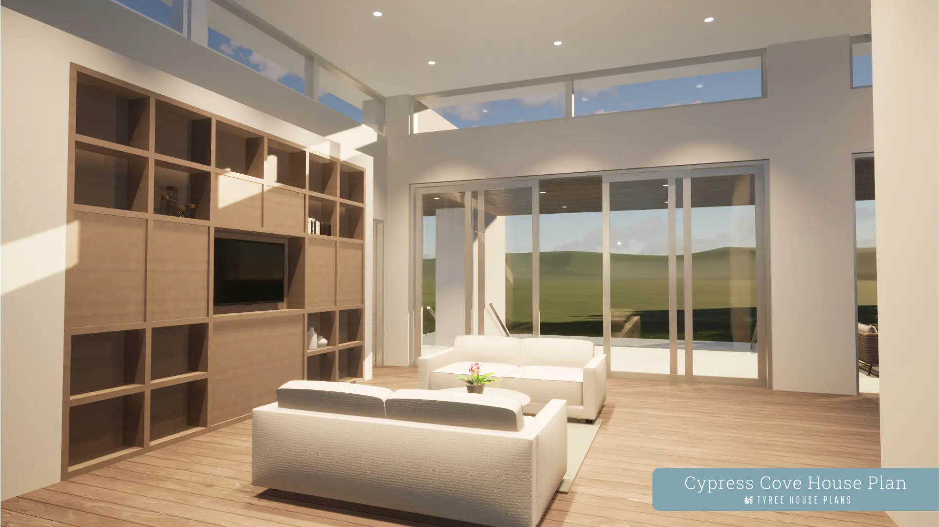 Living room with sliding doors to terrace. Cypress Cove by Tyree House Plans.
