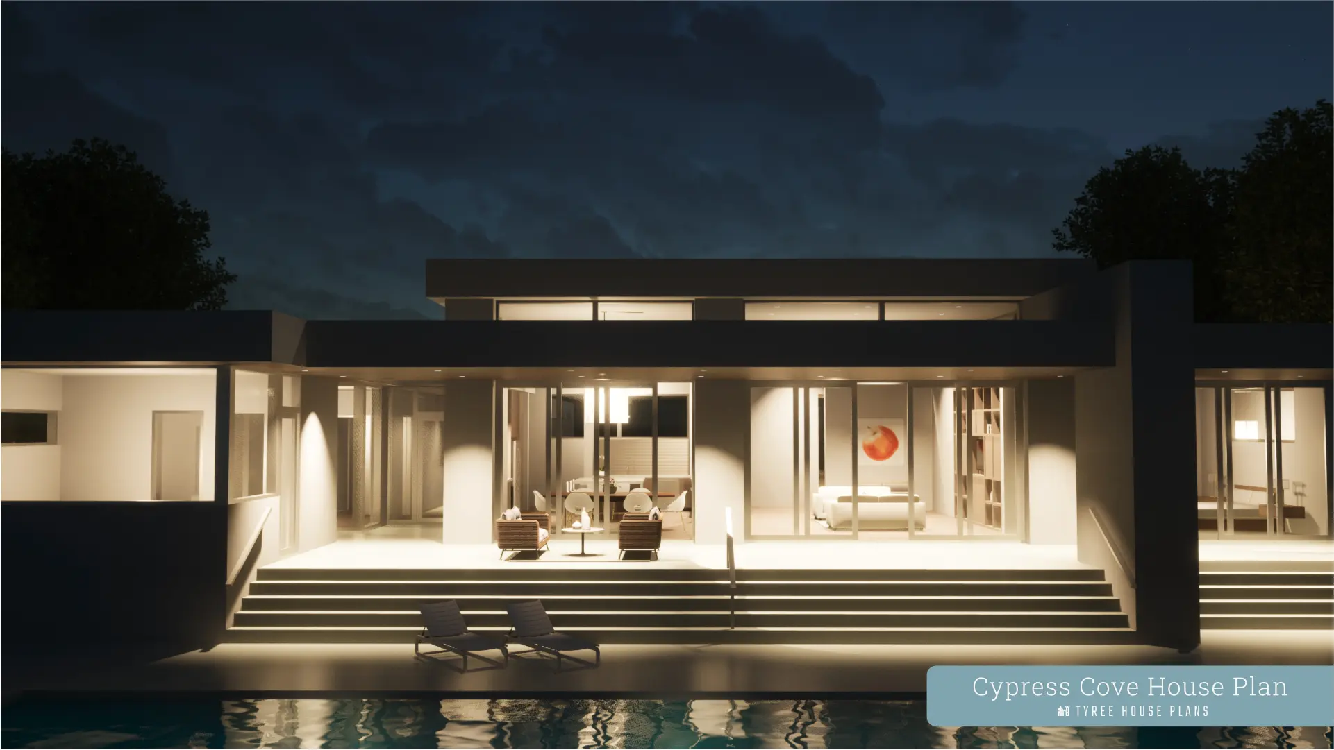 Night view of terrace. Cypress Cove by Tyree House Plans.