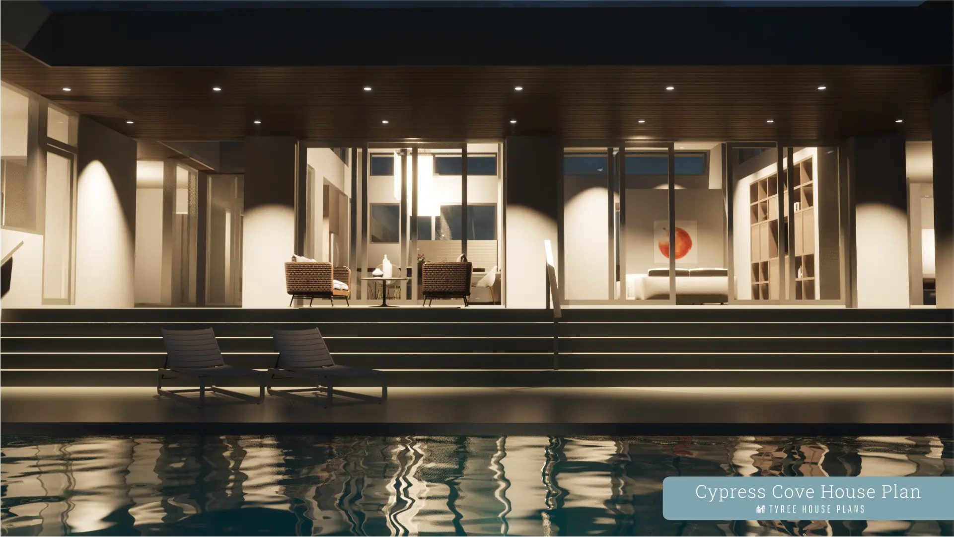 Night view from pool toward house. Cypress Cove by Tyree House Plans.