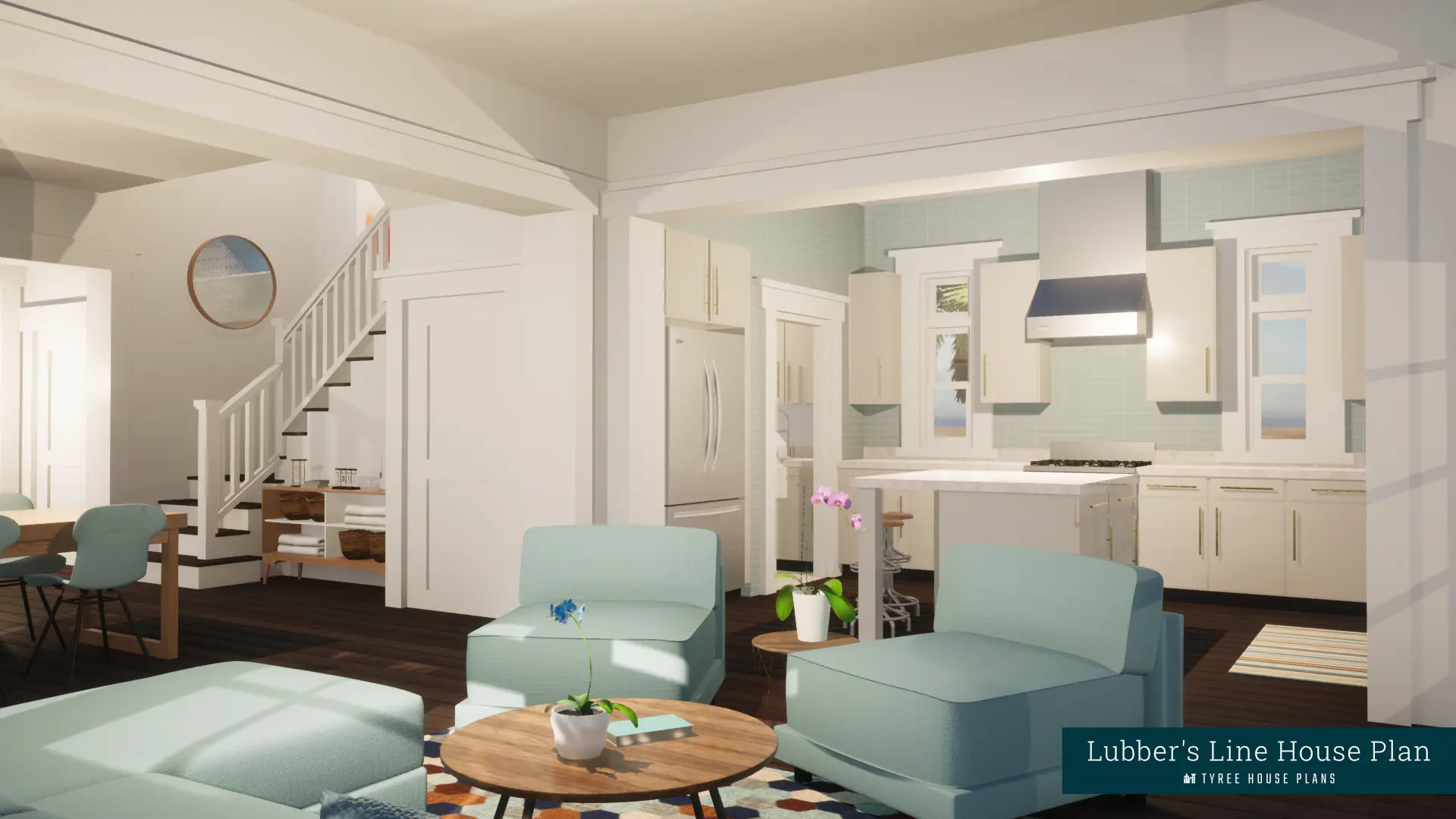 Living room with the kitchen beyond. Lubber's Line by Tyree House Plans