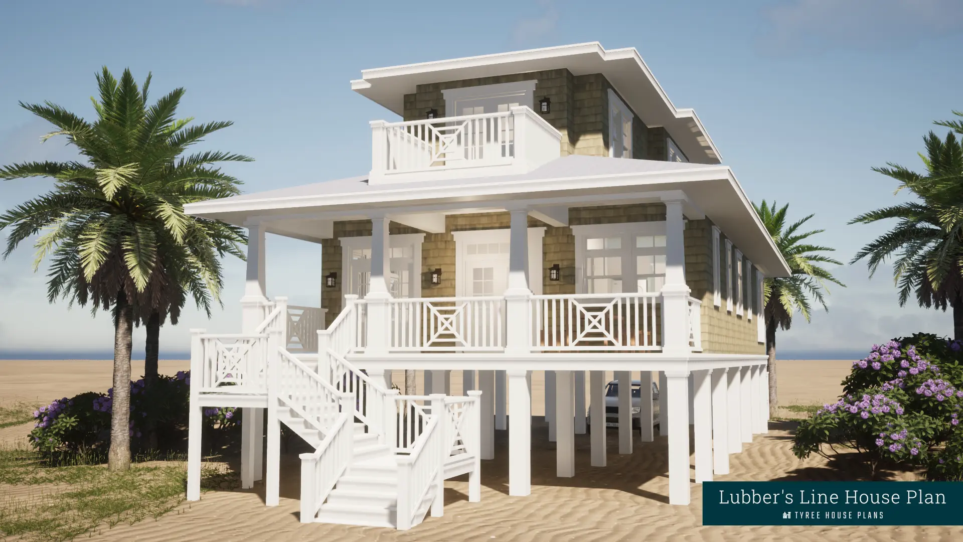 Rear view with terraced steps up to the covered porch. Lubber's Line by Tyree House Plans