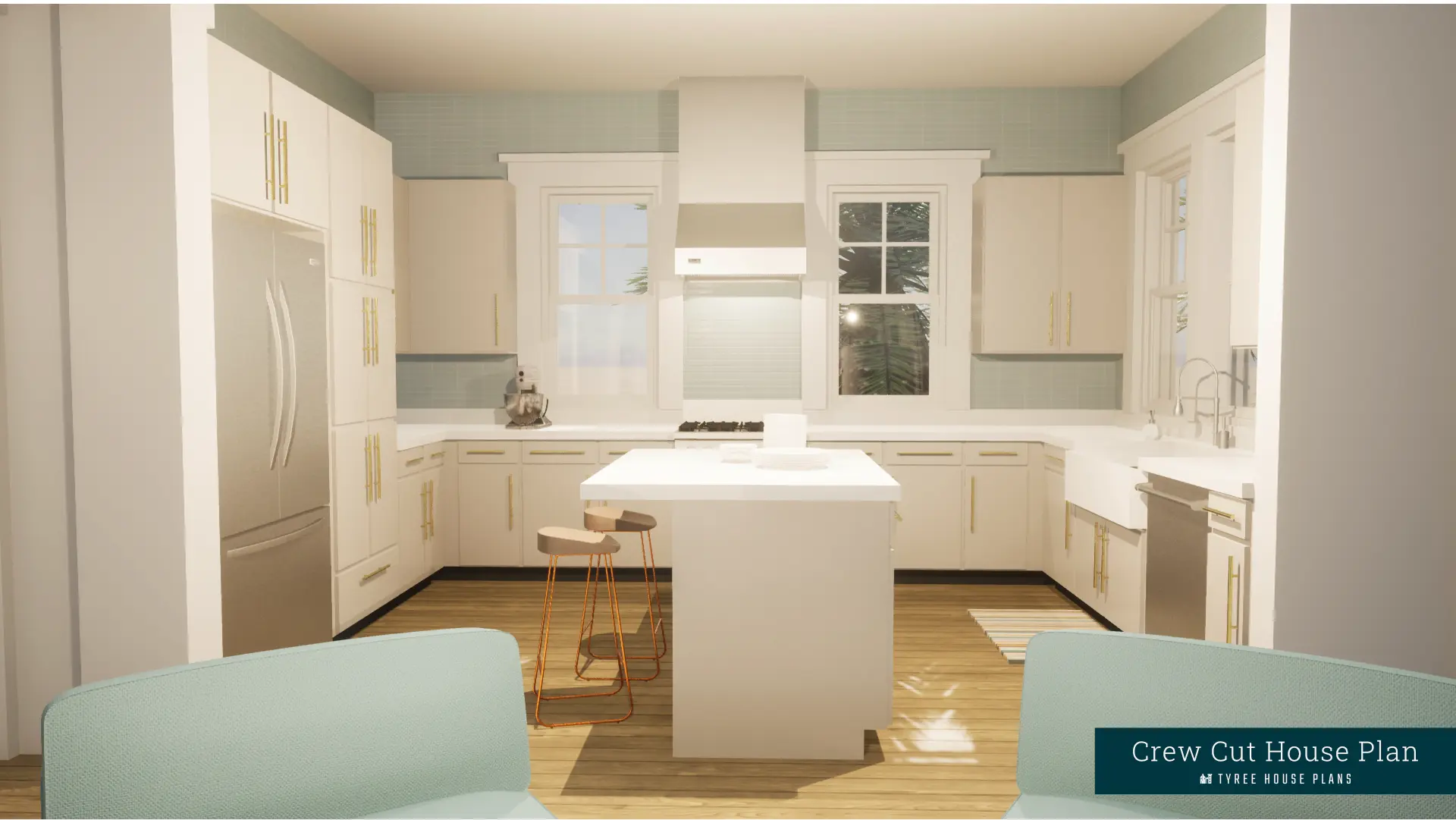 Kitchen with island and beautiful windows. Crew Cut by Tyree House Plans