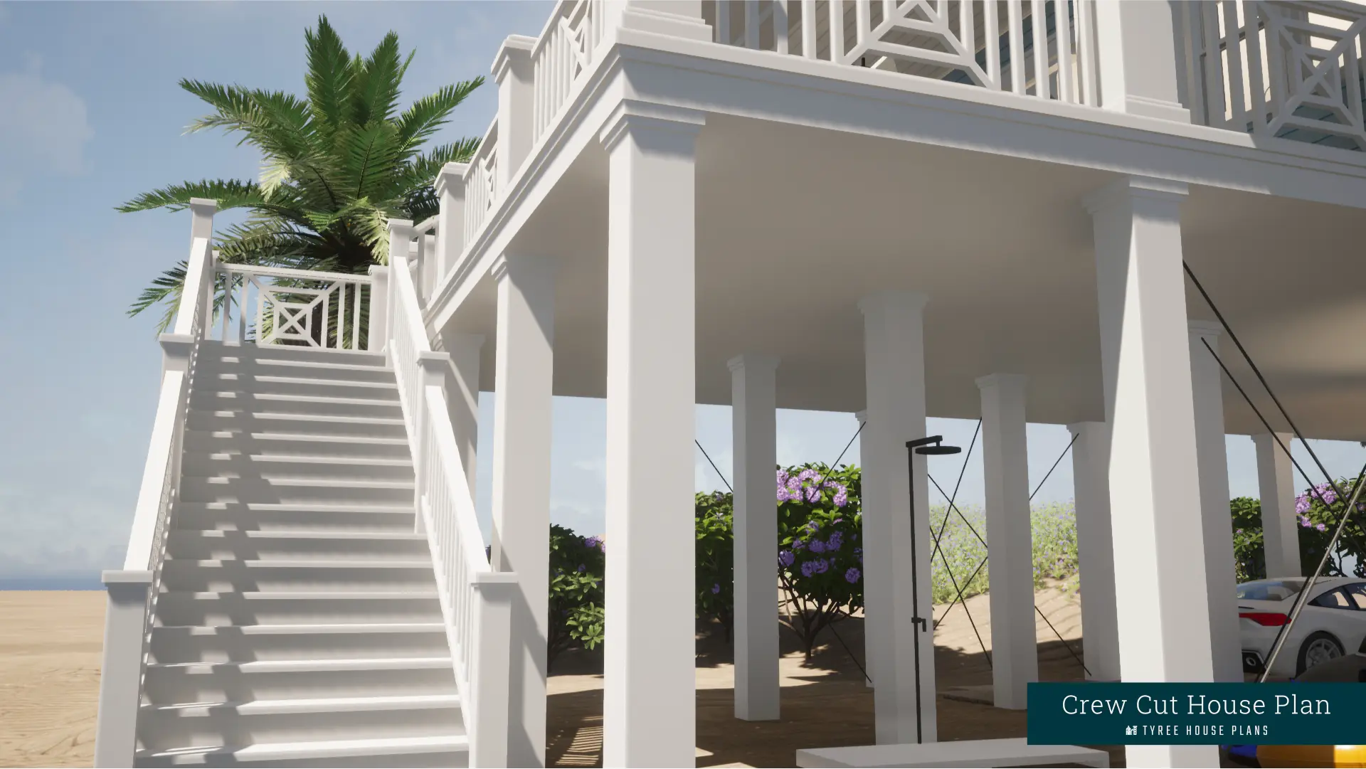Stairs to sundeck and porch with outdoor shower below. Crew Cut by Tyree House Plans