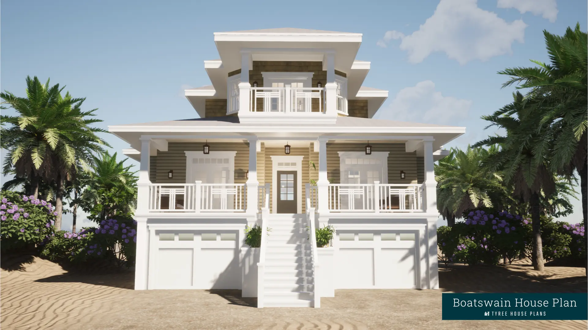 Front of house with enclosed parking below. Boatswain by Tyree House Plans