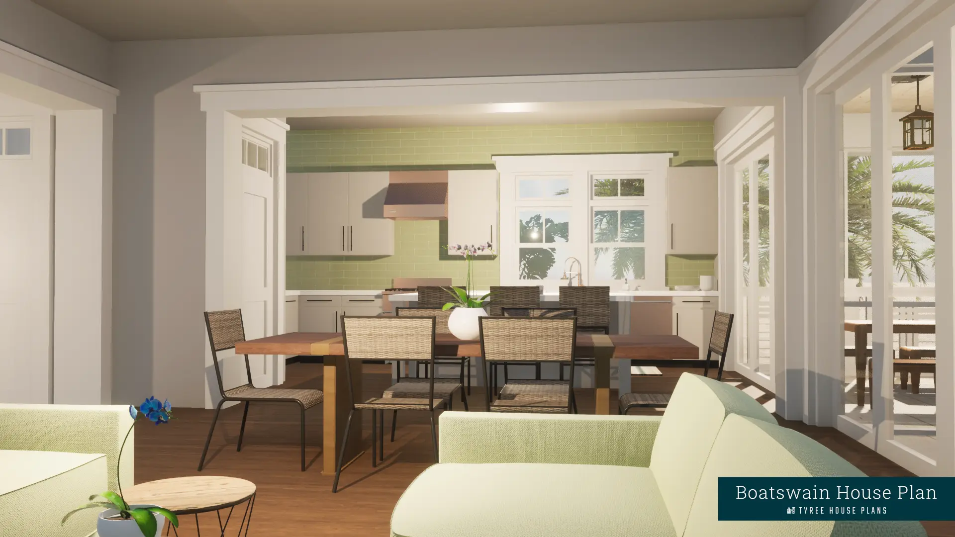 Living room and kitchen beyond. Boatswain by Tyree House Plans.