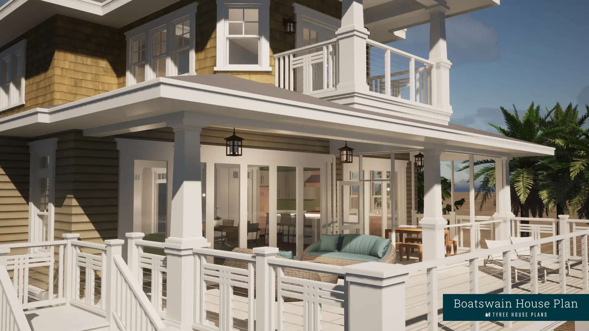 Decorative railings at rear porches. Boatswain by Tyree House Plans.