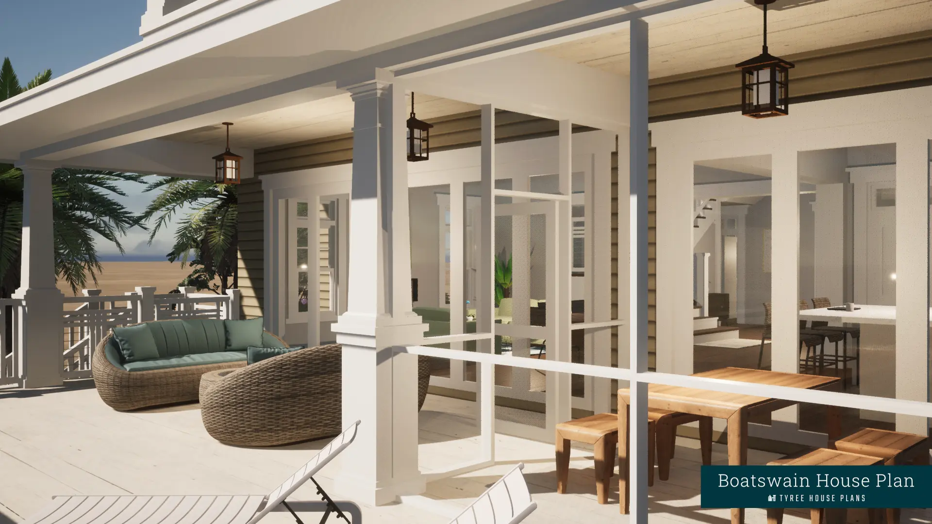 Rear porch with sliding doors to the living room. Boatswain by Tyree House Plans.