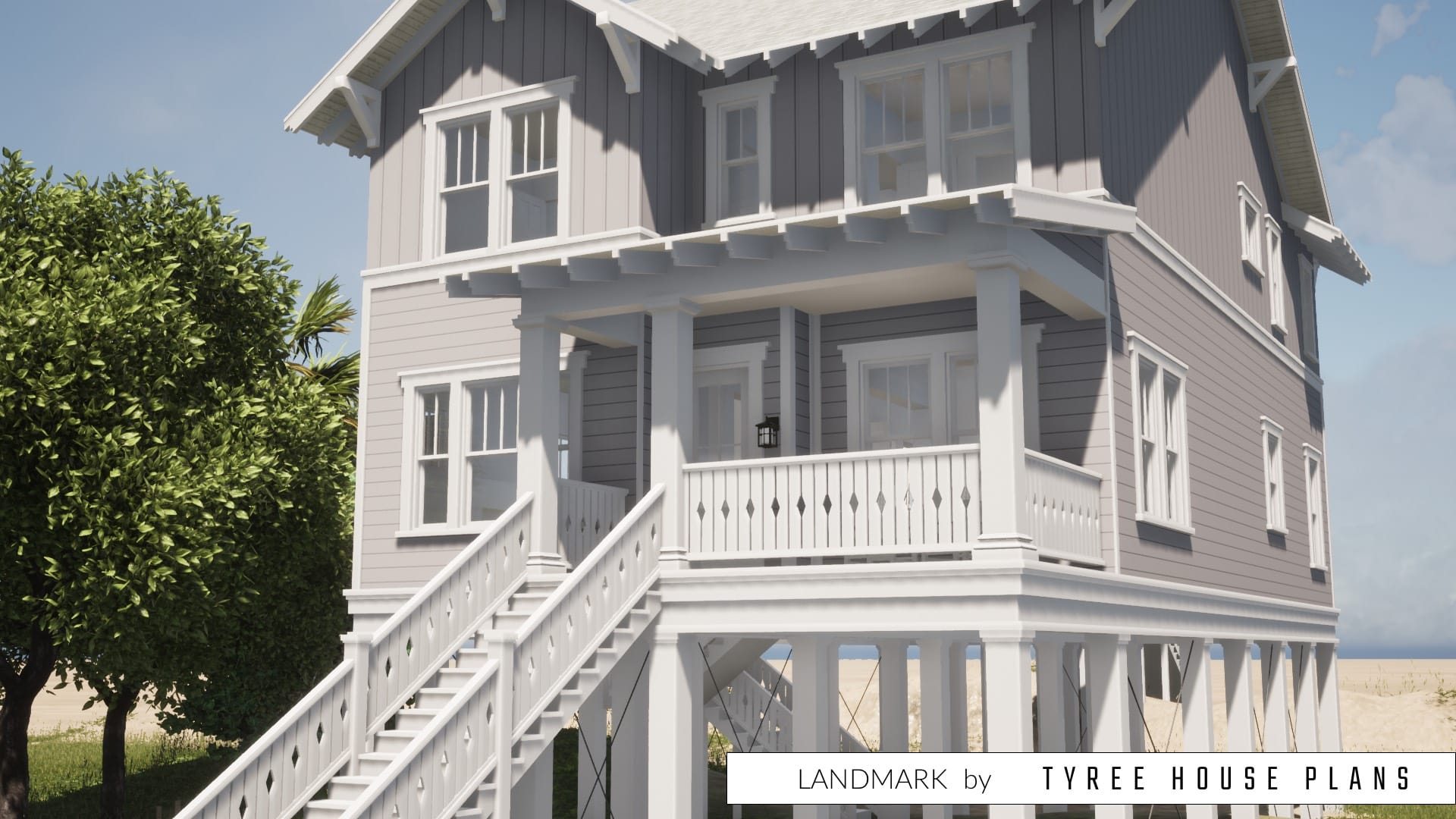 Front view with stairs and decorative porch. Landmark by Tyree House Plans.