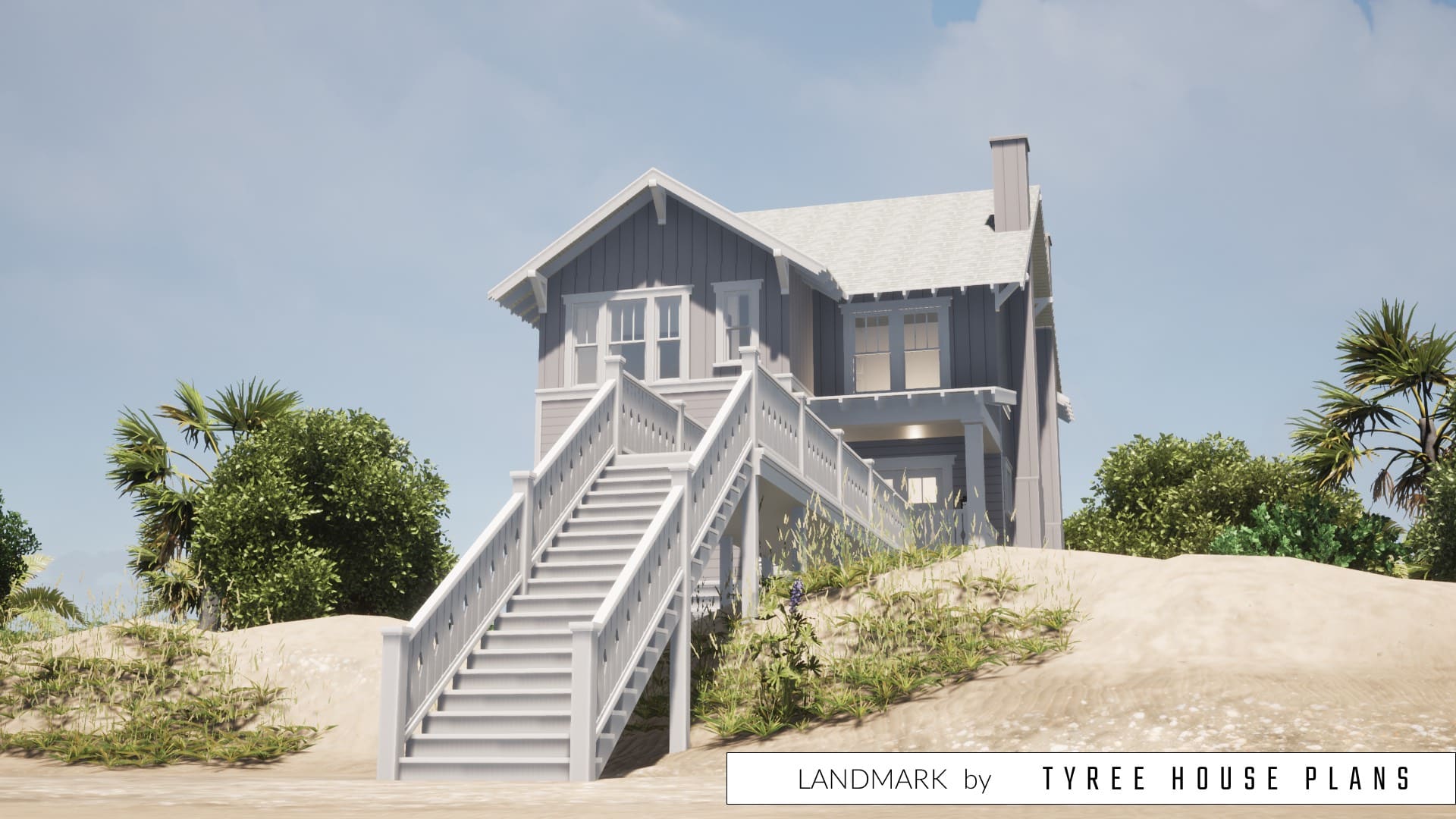 View of the house and elevated walkway from the beach. Landmark by Tyree House Plans.