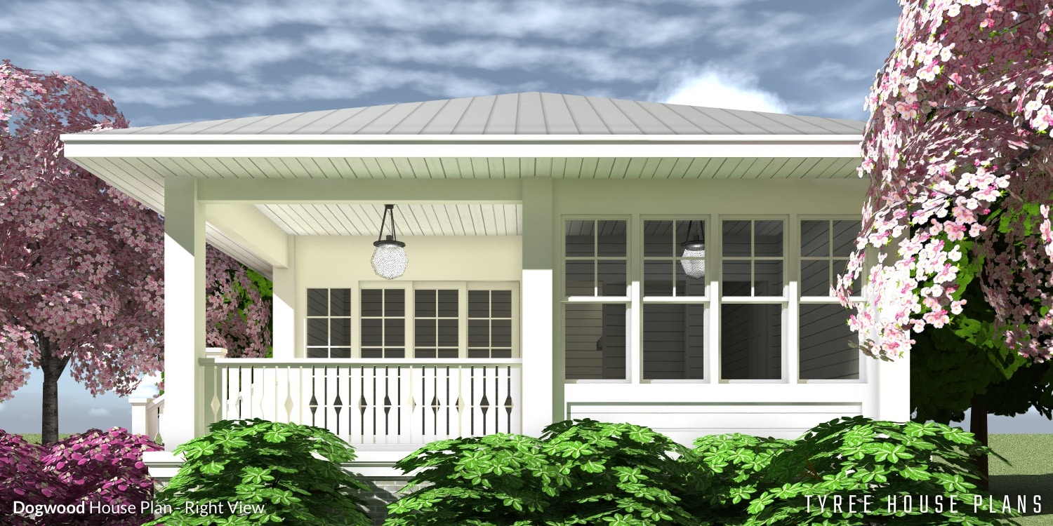 Right side with view into covered porch. Dogwood by Tyree House Plans.