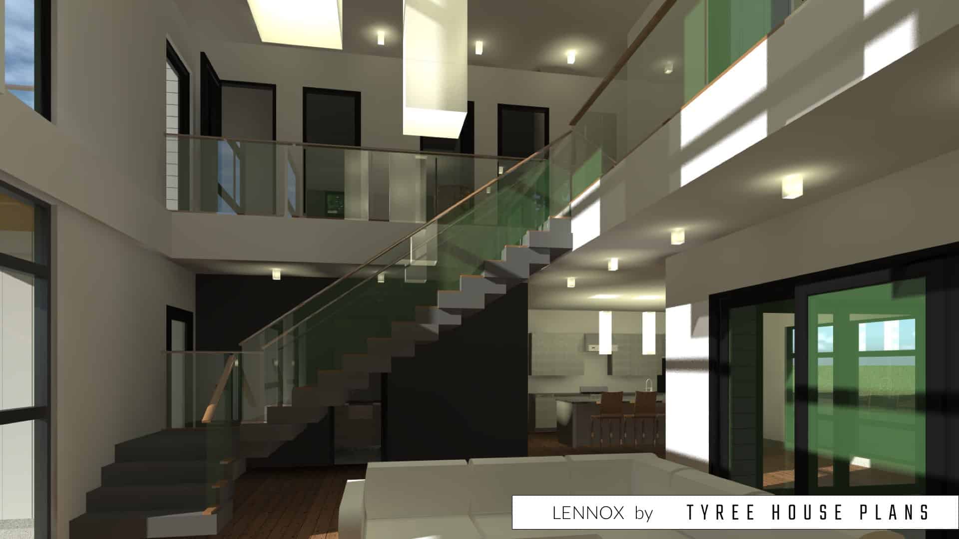 Glass railings and floating stair. Lennox by Tyree House Plans