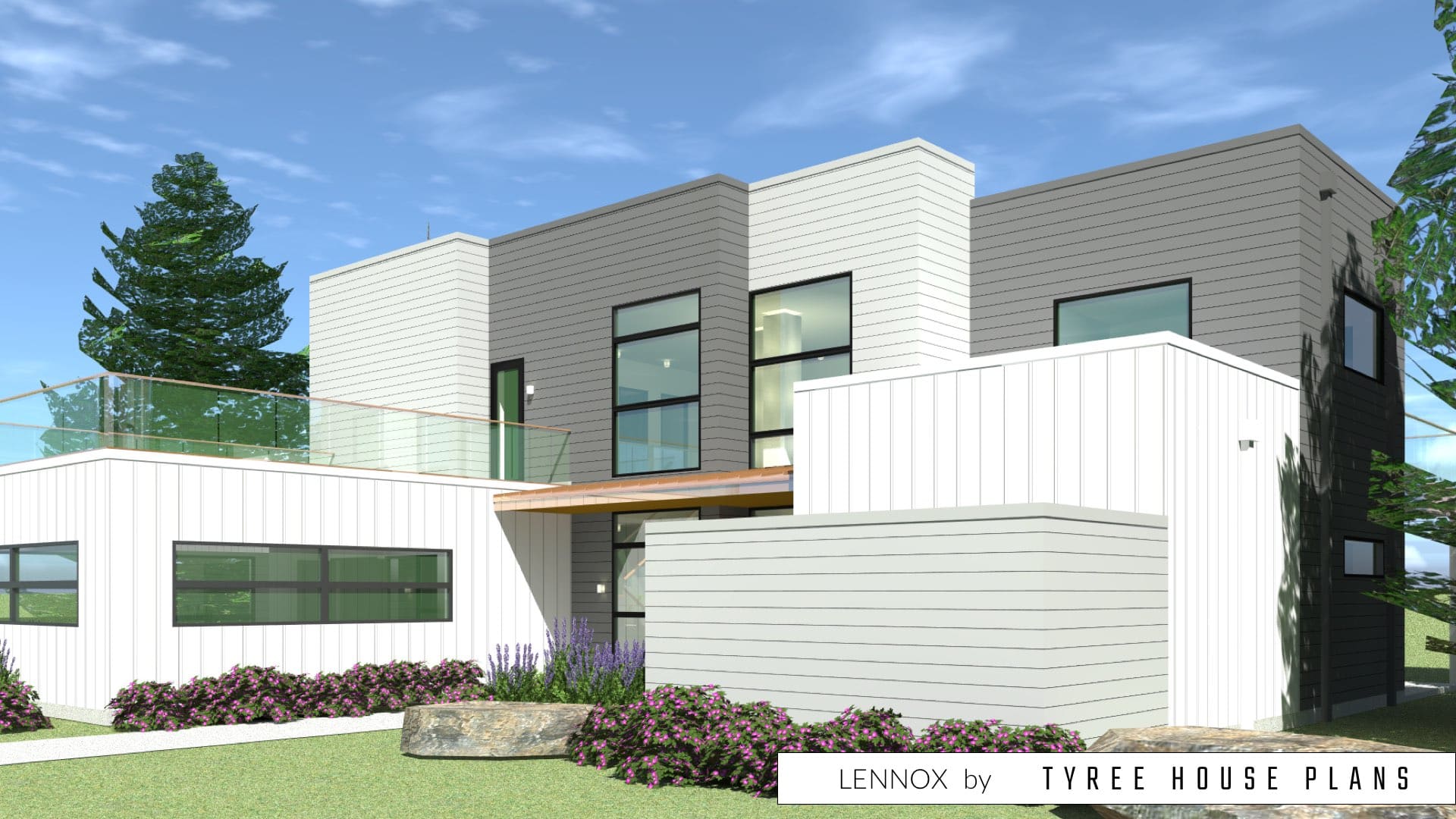 Front right view with private garden. Lennox by Tyree House Plans