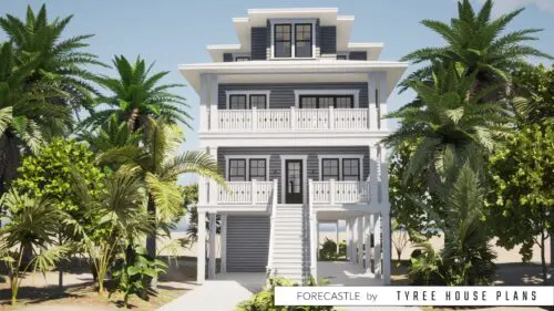 Front view with stairs up to the front porch. Forecastle by Tyree House Plans.