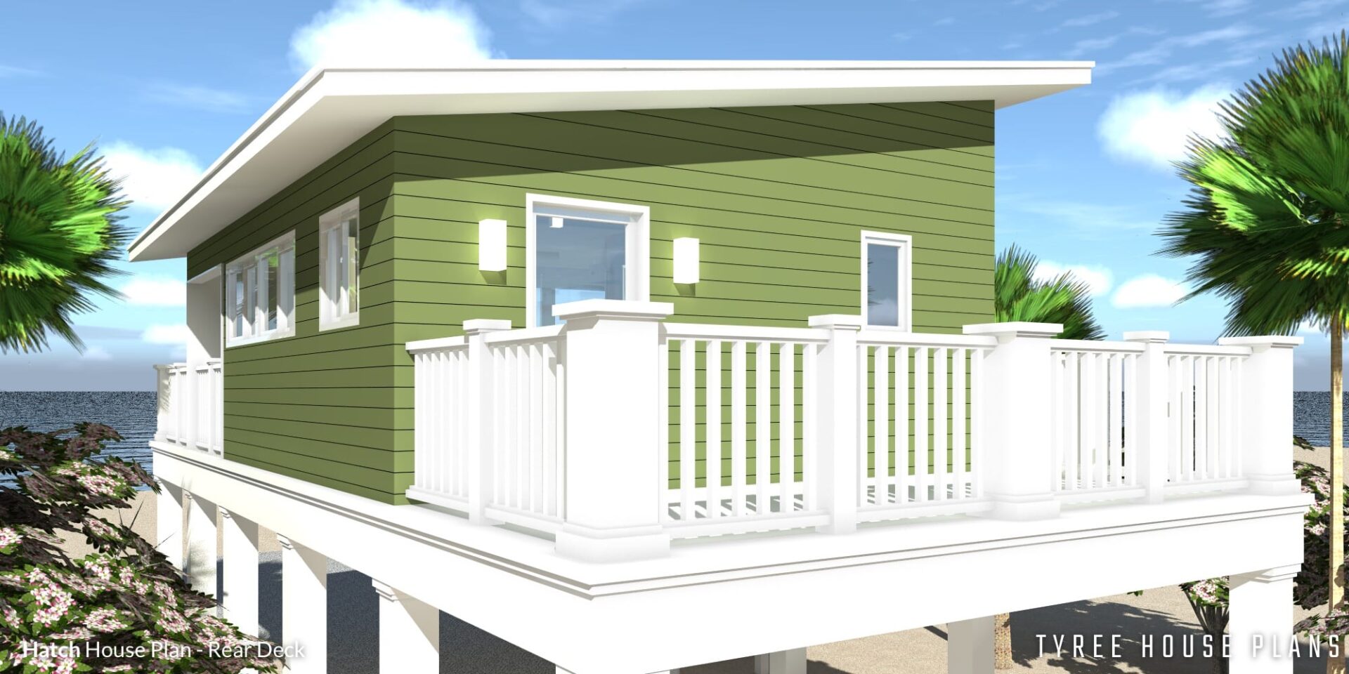 Rear sundeck with door to kitchen. Hatch by Tyree House Plans.
