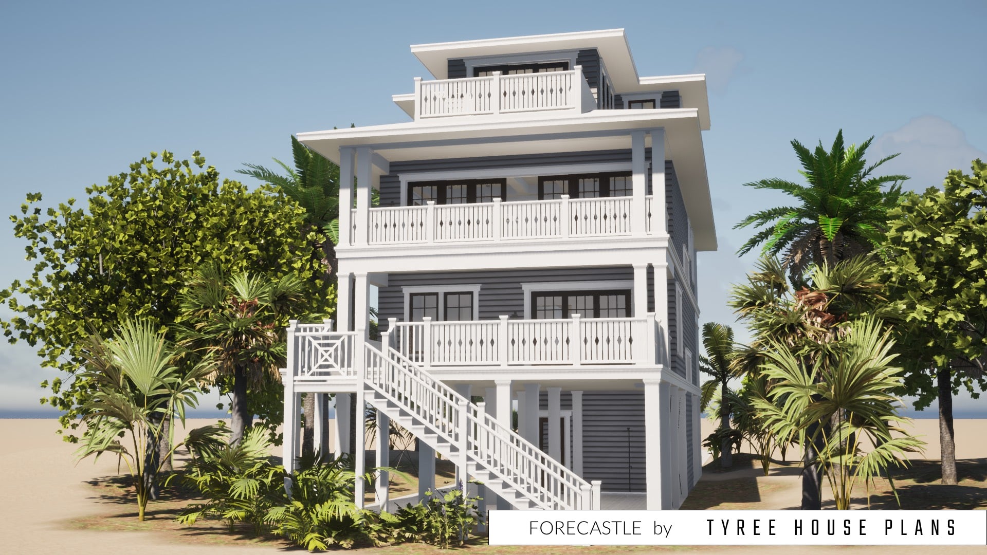 Back of the house with porches on every level. Forecastle by Tyree House Plans.