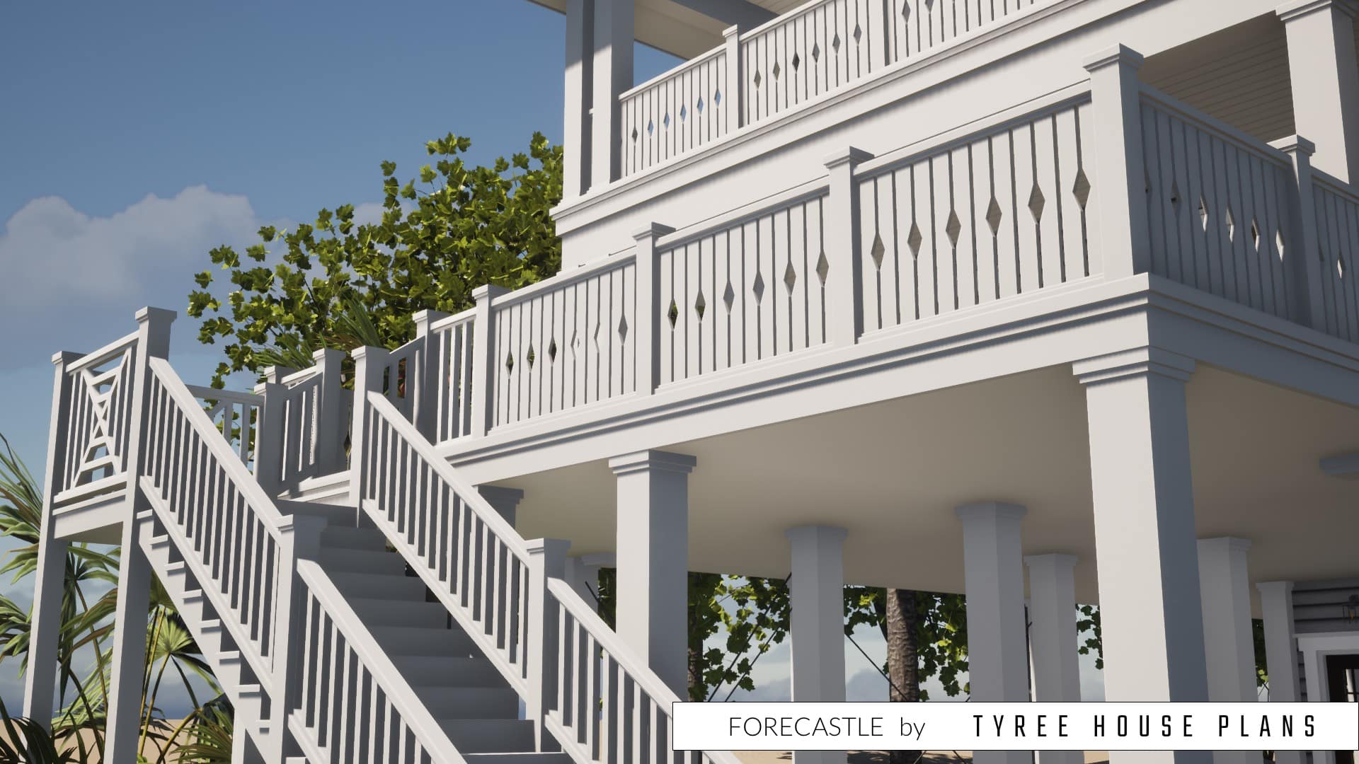Stairs up to the rear porch and sundeck. Forecastle by Tyree House Plans.