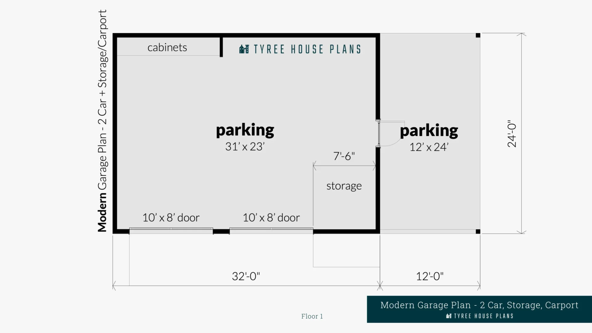 Modern Garage Plan - 2 Car, Storage, Carport - Floor Artwork by Tyree House Plans