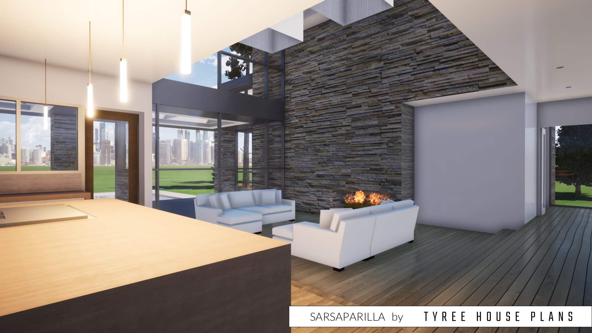 Living with high ceiling. Sarsaparilla by Tyree House Plans.
